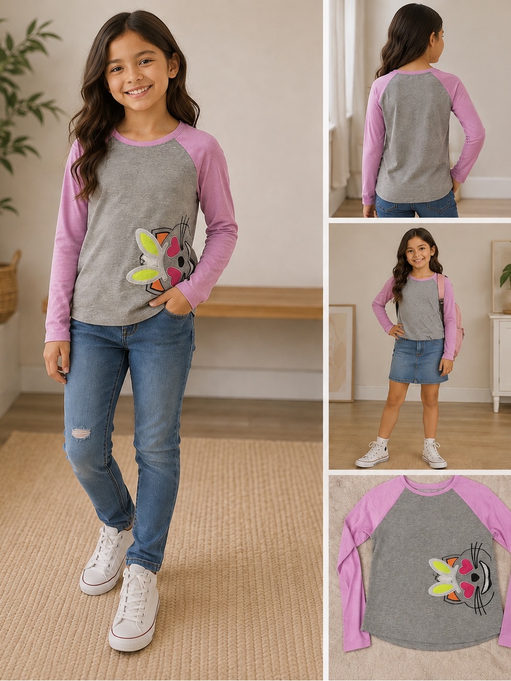 wonder nation Gray Tee with Pink Raglan Sleeves and Neon Bunny Patch